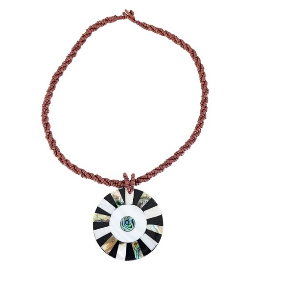 Vtg Inlaid Abalone & Mother of Pearl on Brown Multi Strand Seed Beaded Necklace - Picture 2 of 8